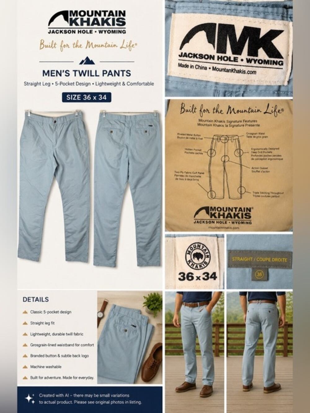 Mountain Khakis Hiking Pants Mens 36W Blue Action Gussett Straight Leg Pockets